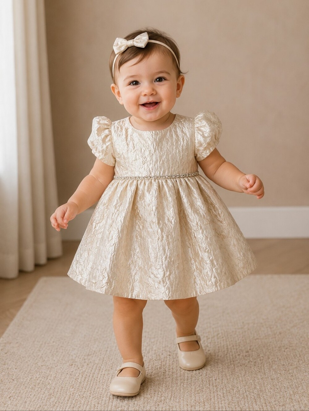 Rare Editions Baby Girls Gold Brocade Floral Dress Rhinestone Waist 12M